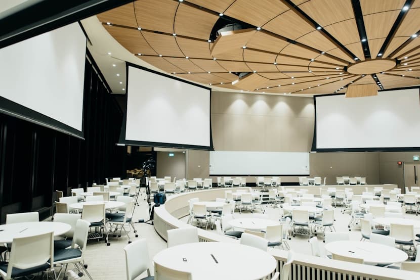 Banquet room set for a club dinner
